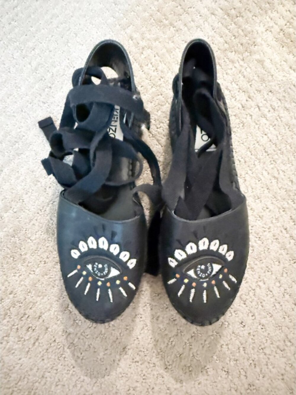 Kenzo Maya Leather Platform Espadrille Sandals Black 8 Tribal Evil Eye - Picture 3 of 11
